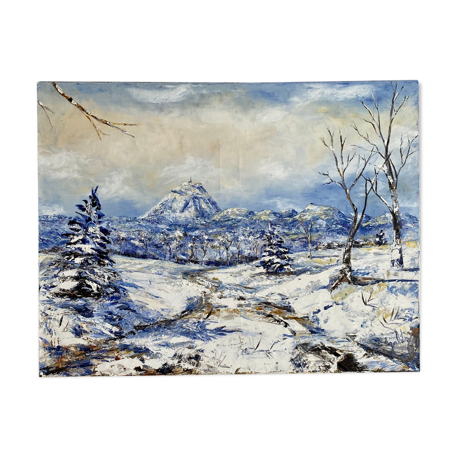 Ancient painting, winter landscape in Auvergne, signed, 20th century
