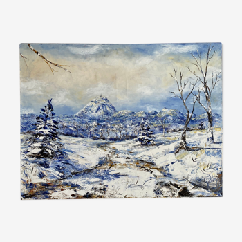 Ancient painting, winter landscape in Auvergne, signed, 20th century