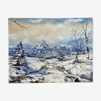 Tableau ancien, paysage d’hiver en Auvergne, signé, XX siècle