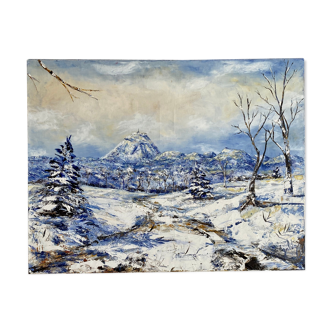 Ancient painting, winter landscape in Auvergne, signed, 20th century
