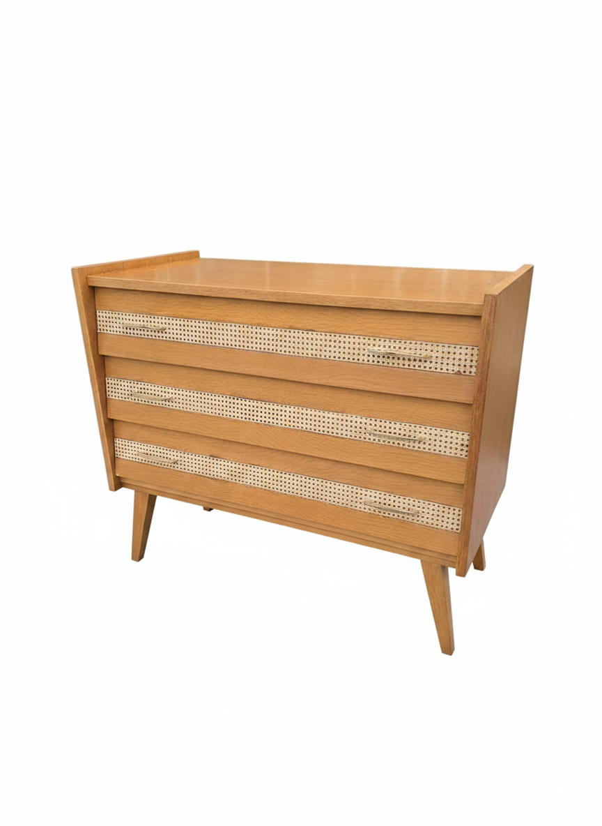 Commode vintage en chêne et cannage des années 60