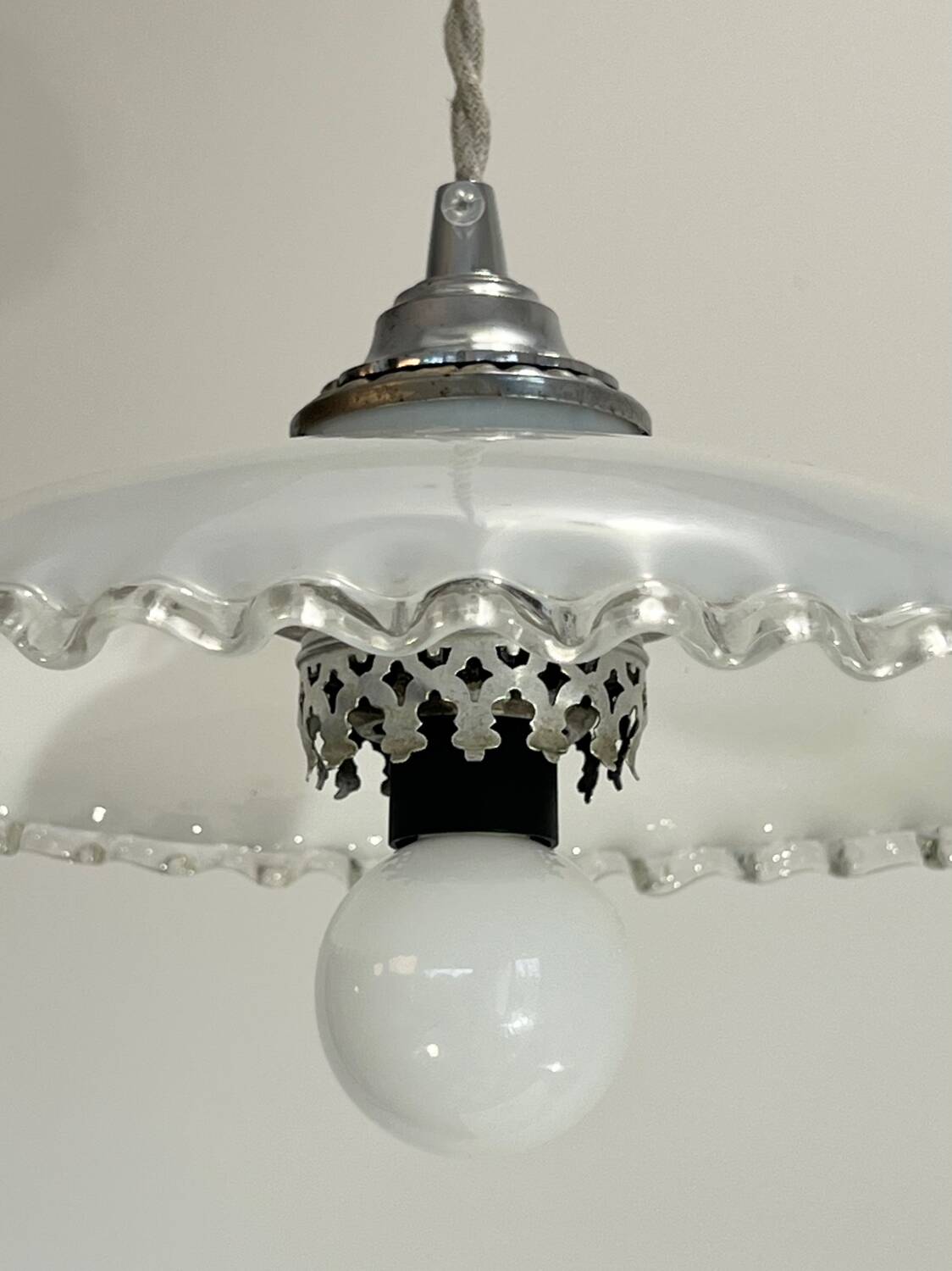 Art Deco opaline pendant light with metal lace balcony