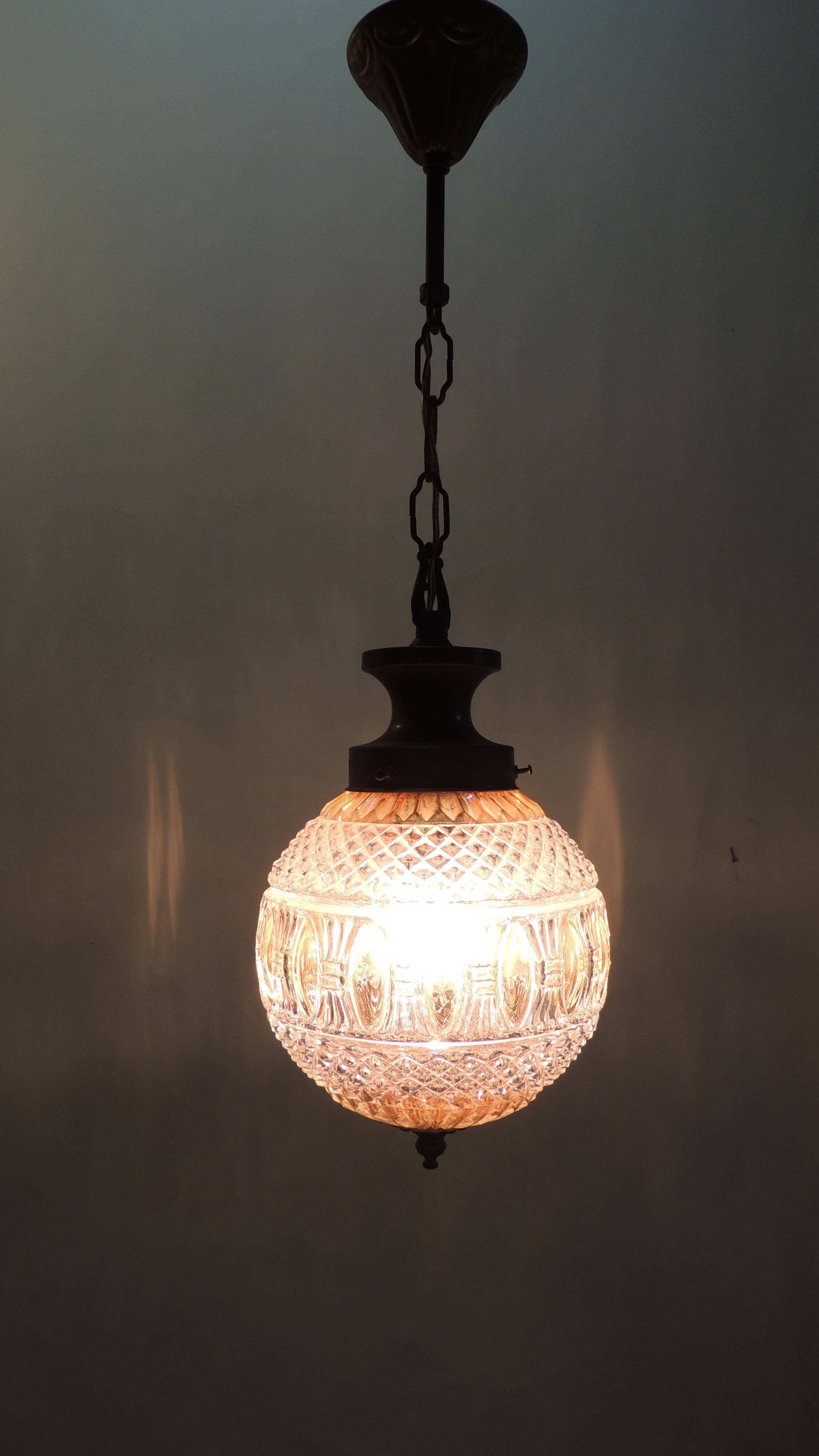 Vintage pendant light in molded glass and brass, glass ball hanging lamp