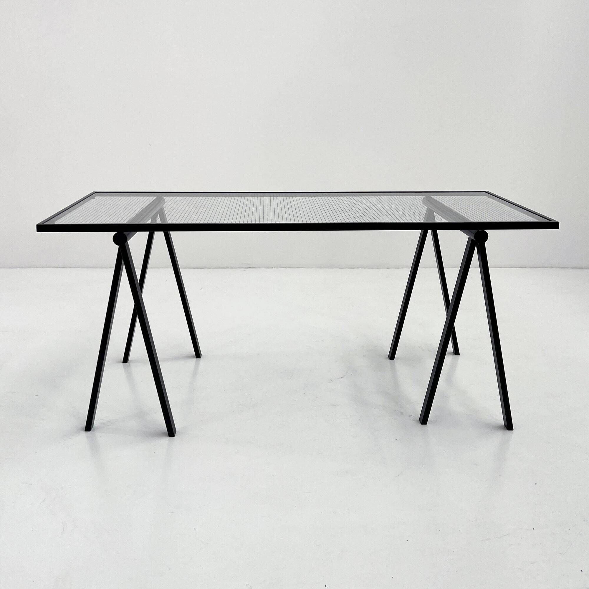 Trestle desk in glass and metal by Rodney Kinsman for Bieffeplast, 80