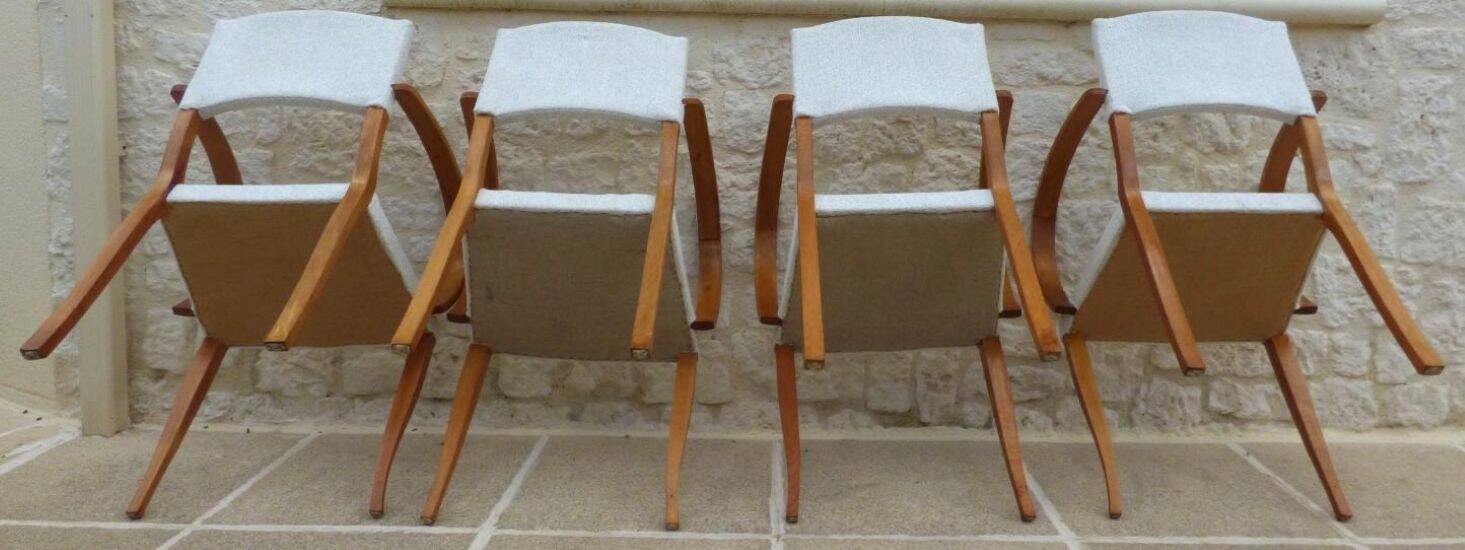 Chic 1950s bridge chairs in solid wood, white and beige, hand-stitched.