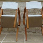 Fauteuils bridges chic année 50 en bois massif   blanc beige cousus main