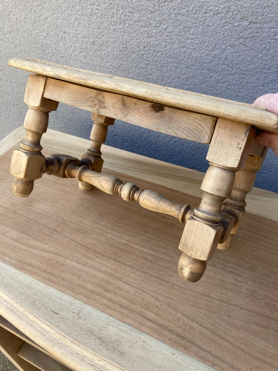 Small stool rustic raw oak sculpted top
