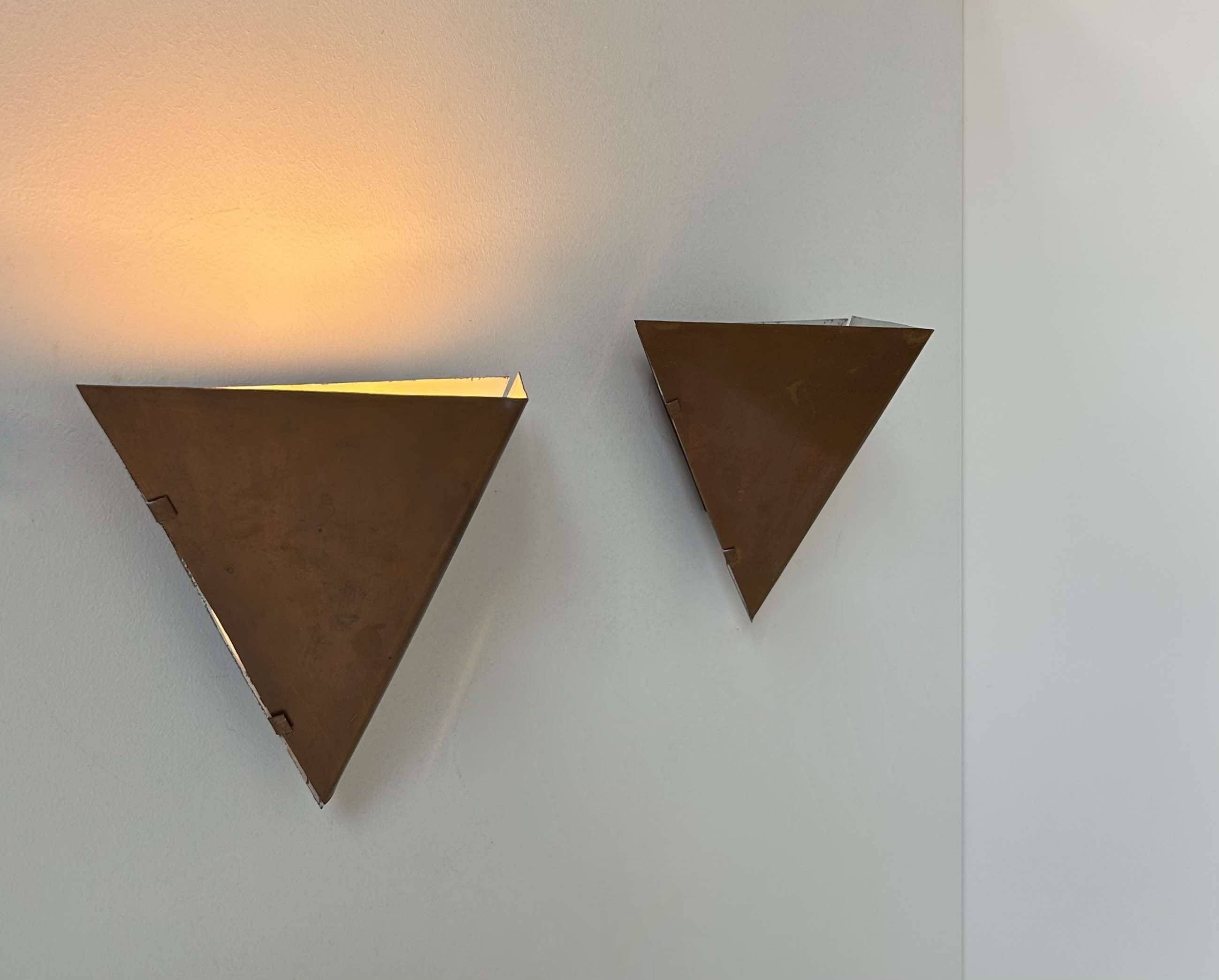 Pair of vintage geometric wall lights, patinated copper, France 1960