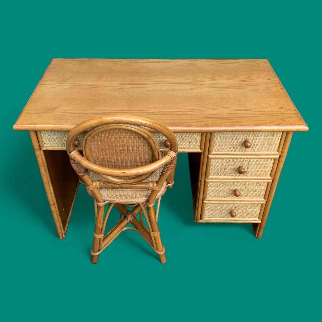 Vintage rattan and woven wicker desk 1970