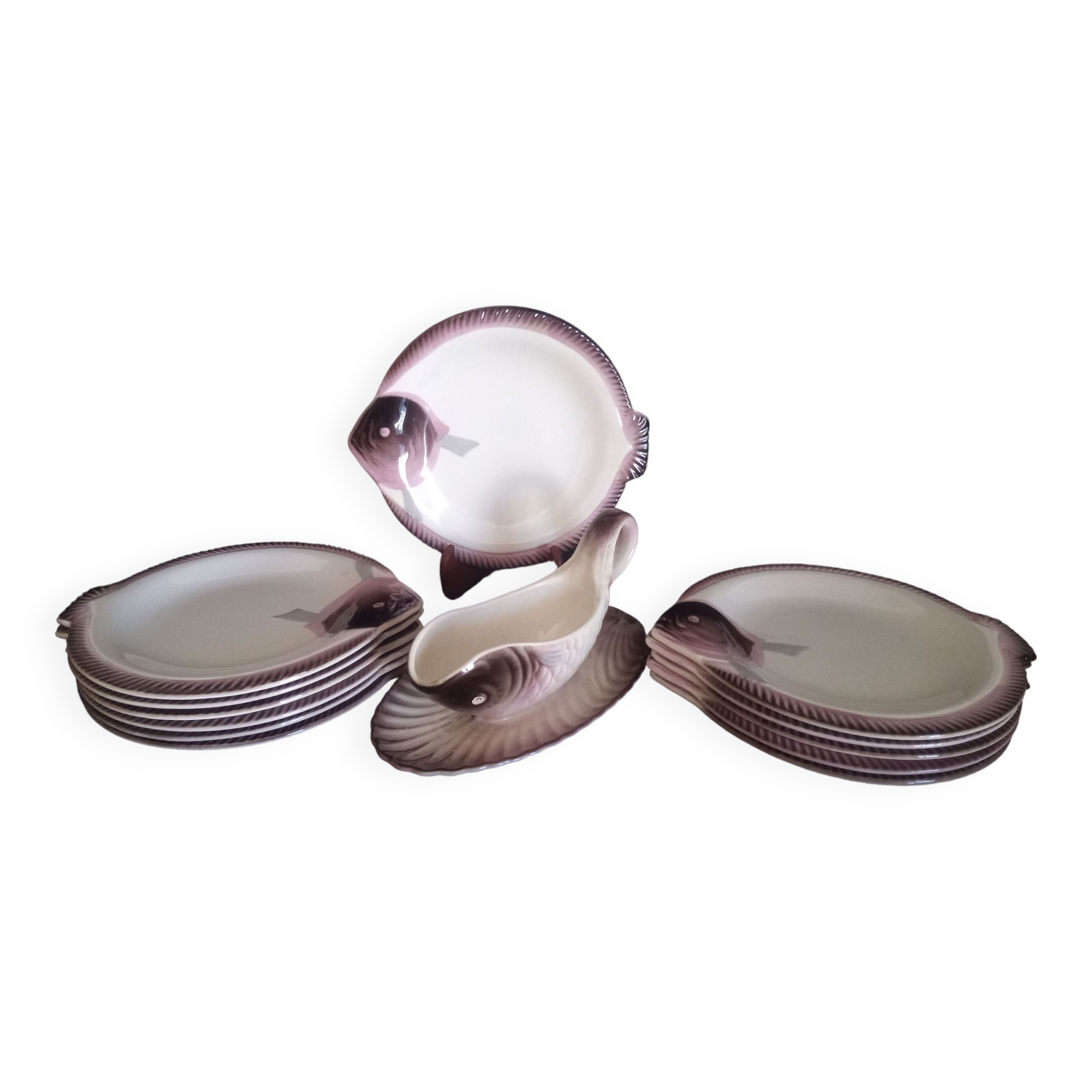 Fish service for 12 people in Longwy ceramic, Copenhagen model, 1960s