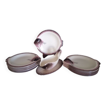 Fish service for 12 people in Longwy ceramic, Copenhagen model, 1960s