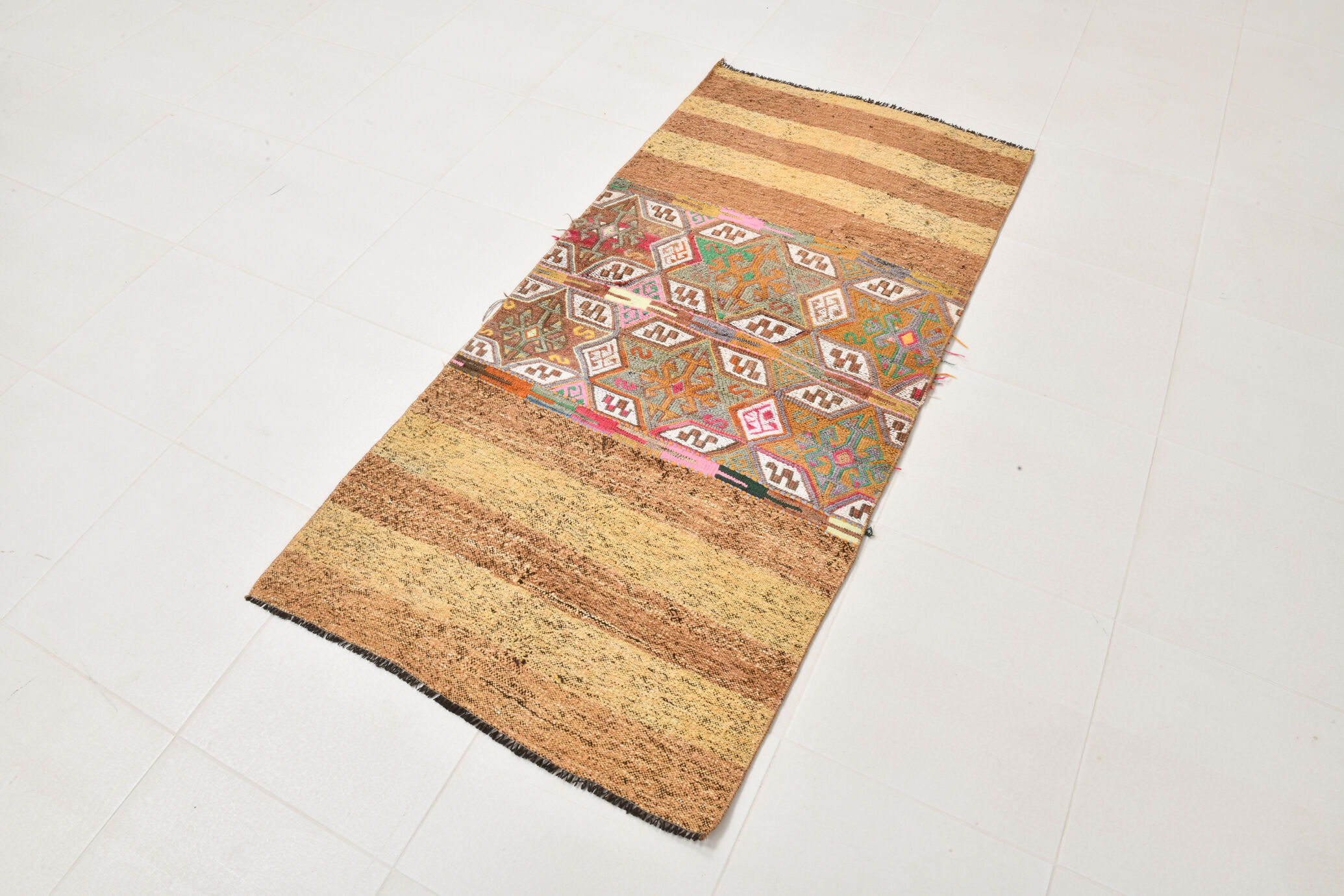 3x6 Light Yellow & Brown Turkish Kilim Rug, 83x173