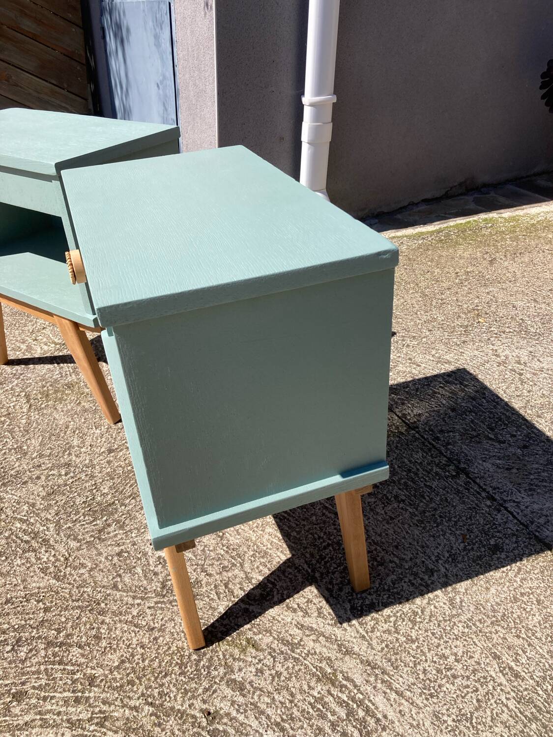 Pair of vintage bedside tables with compass feet/green