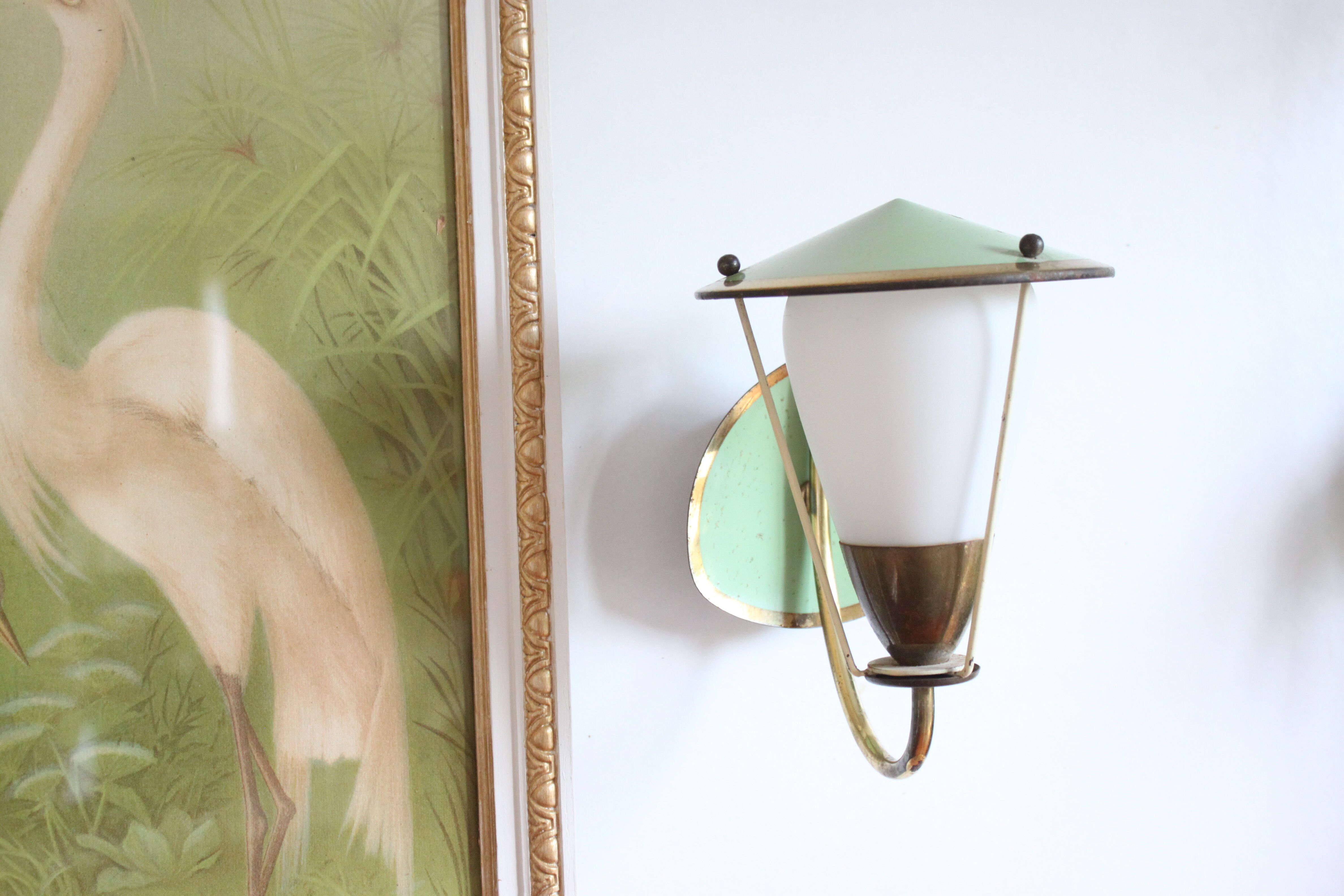 Brass green opaline wall lamp 1950, Expo 58