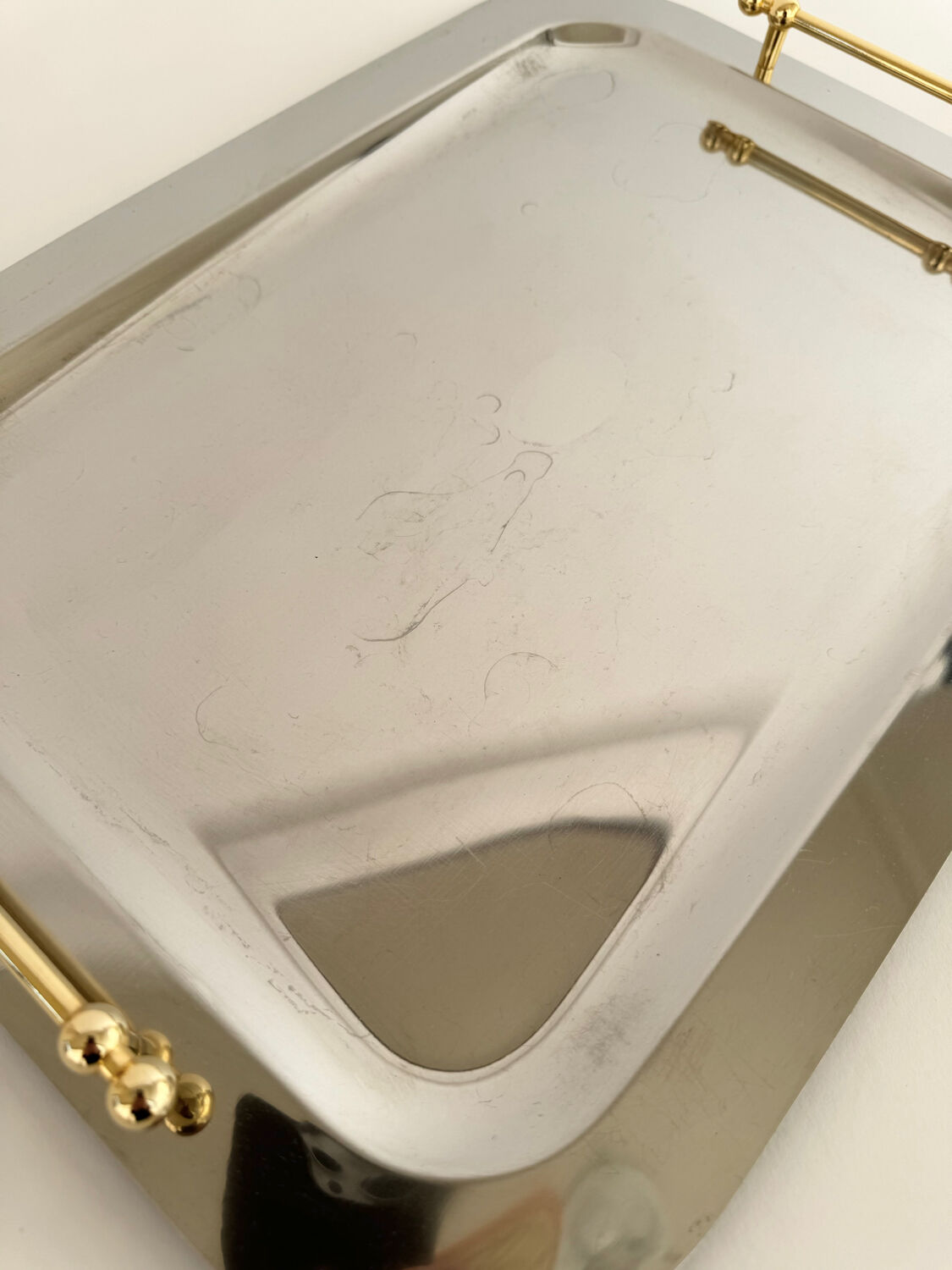 Vintage Stainless Steel Serving Tray With Gold Colored Handles
