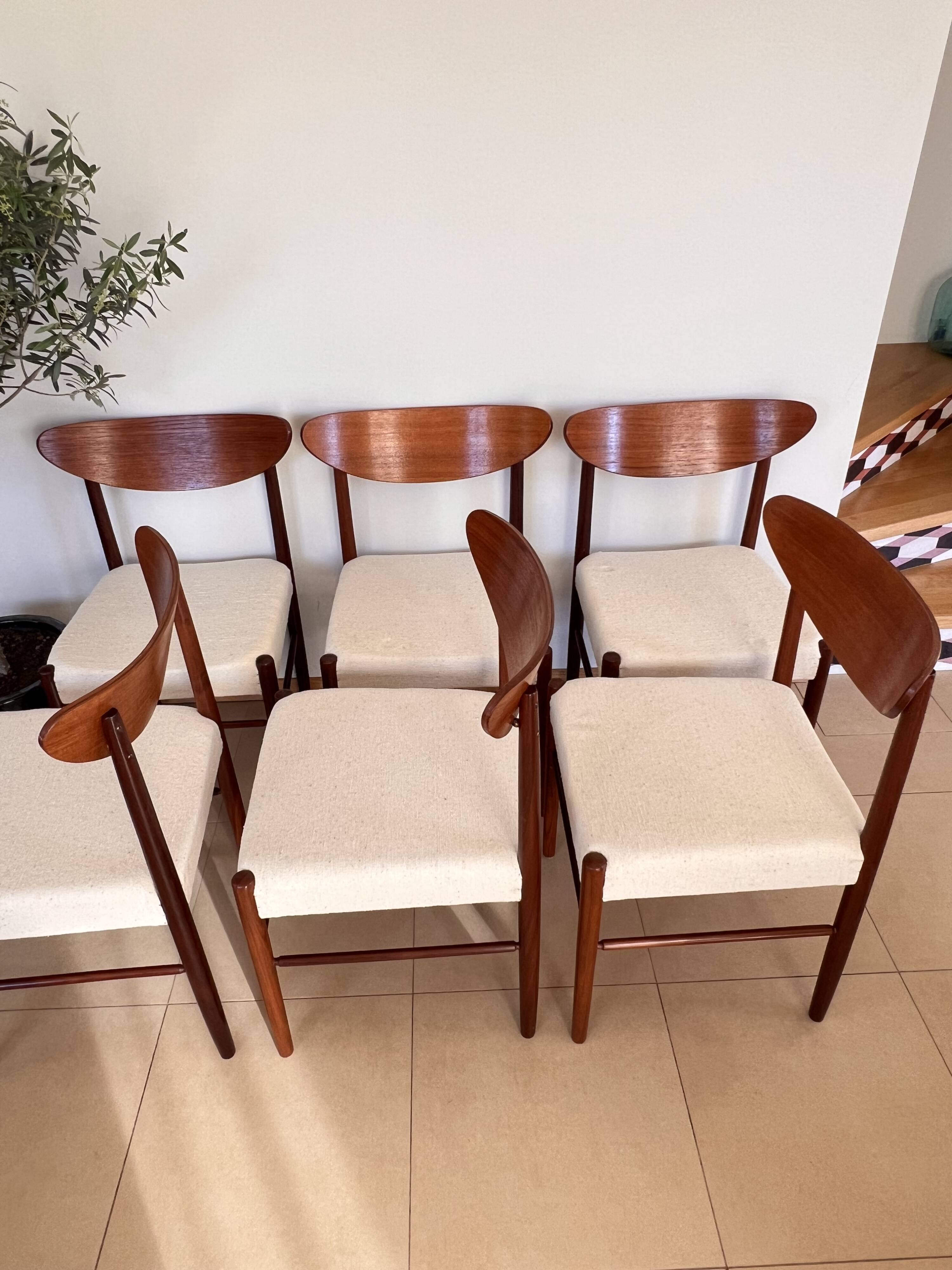 Set of 6 Scandinavian style Danish teak upholstered chairs. 1960s