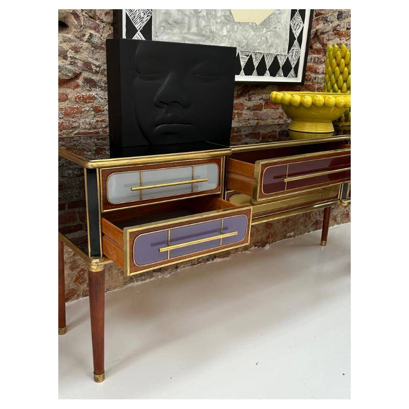 Italain Sideboard Made Of Solid Wood And Covered With Colored Glass 1950S