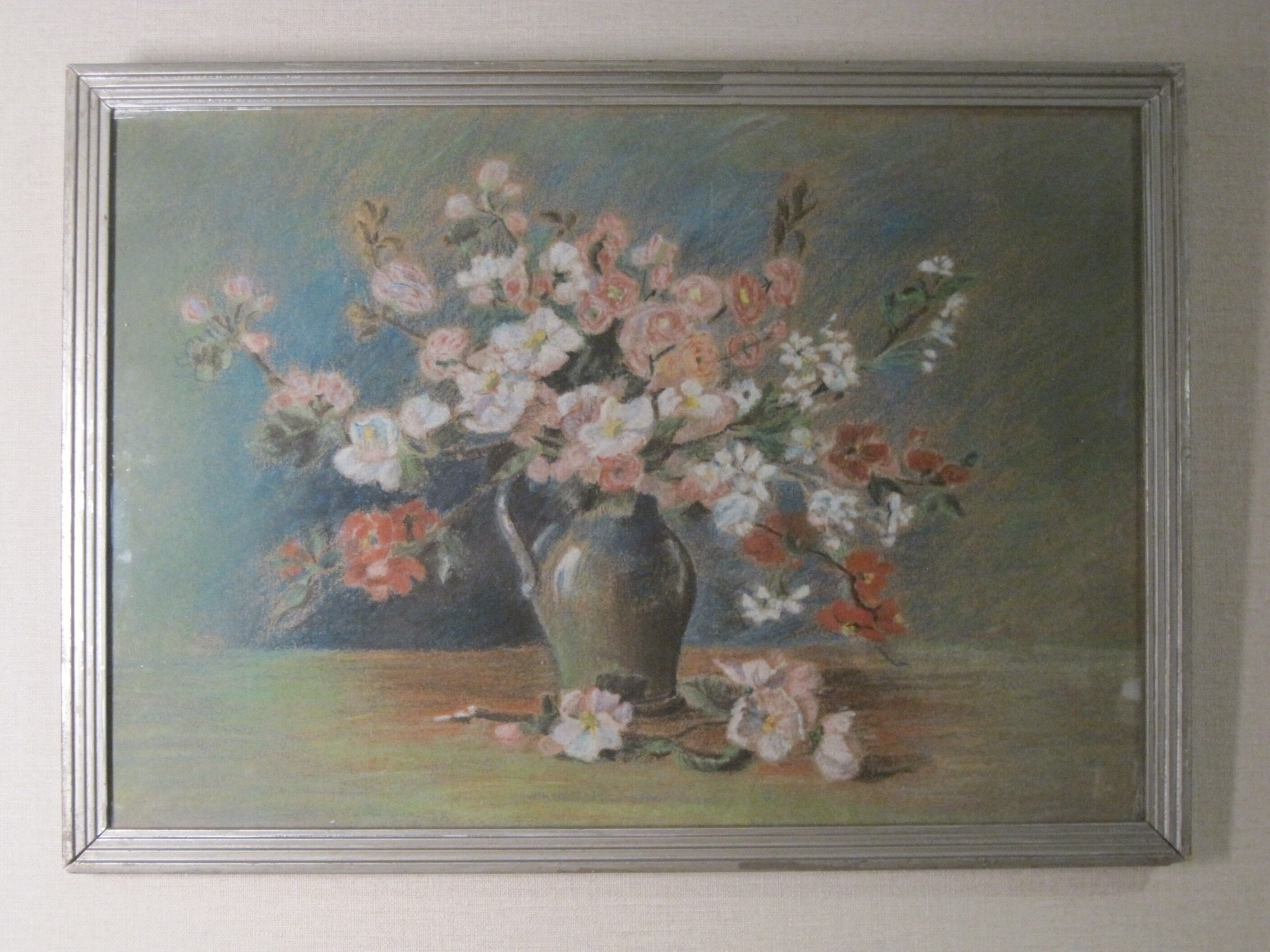 Painting drawing pastel country composition vase bouquet of spring flowers