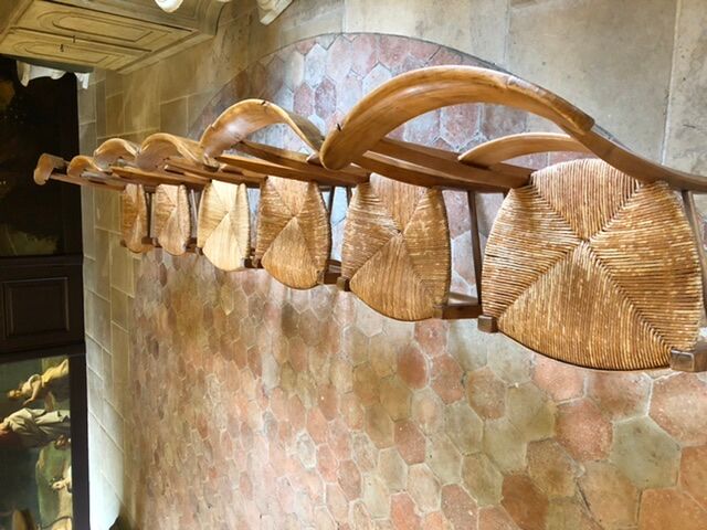 Solid oak table with 3 extension cords, 6 oak chairs with straw seat