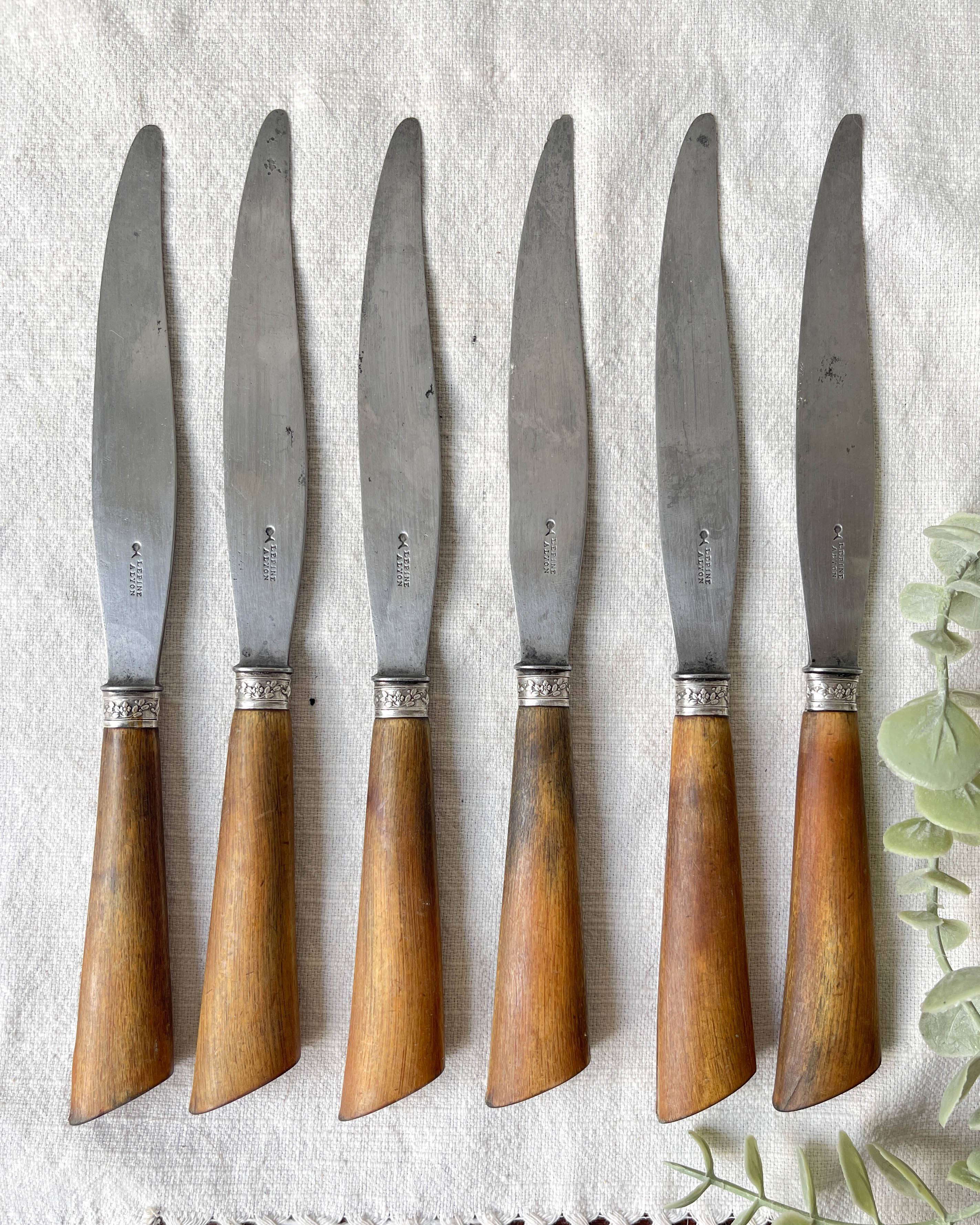 6 Vintage Horn Knives Silver Steel Blade LEPINE A LYON France 19th Century