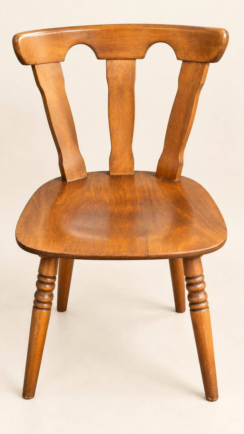 Set of 8 rustic bistro chairs in beech wood with honey patina, 1950s.