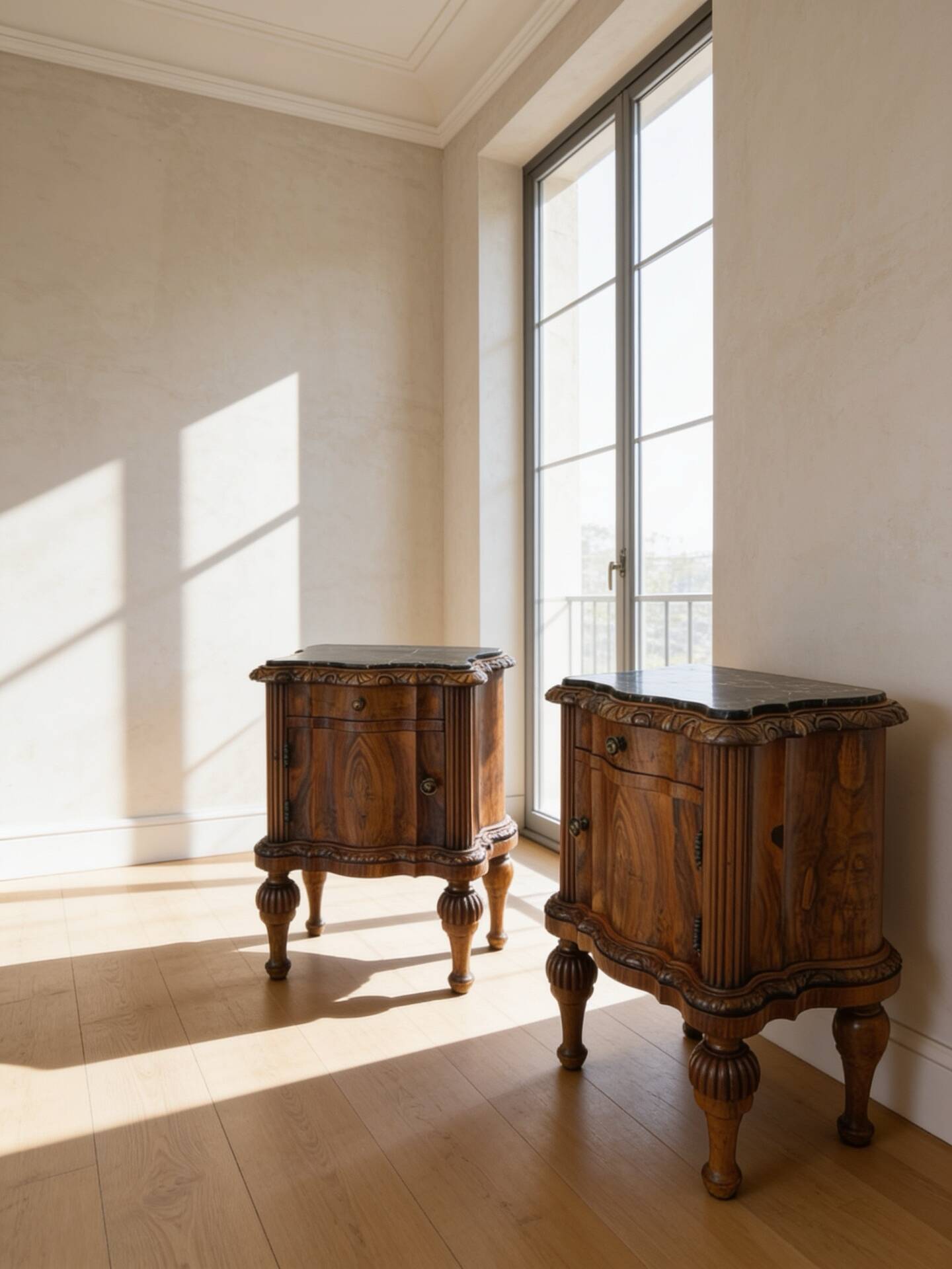 art deco walnut serpentine nightstands, 1920s