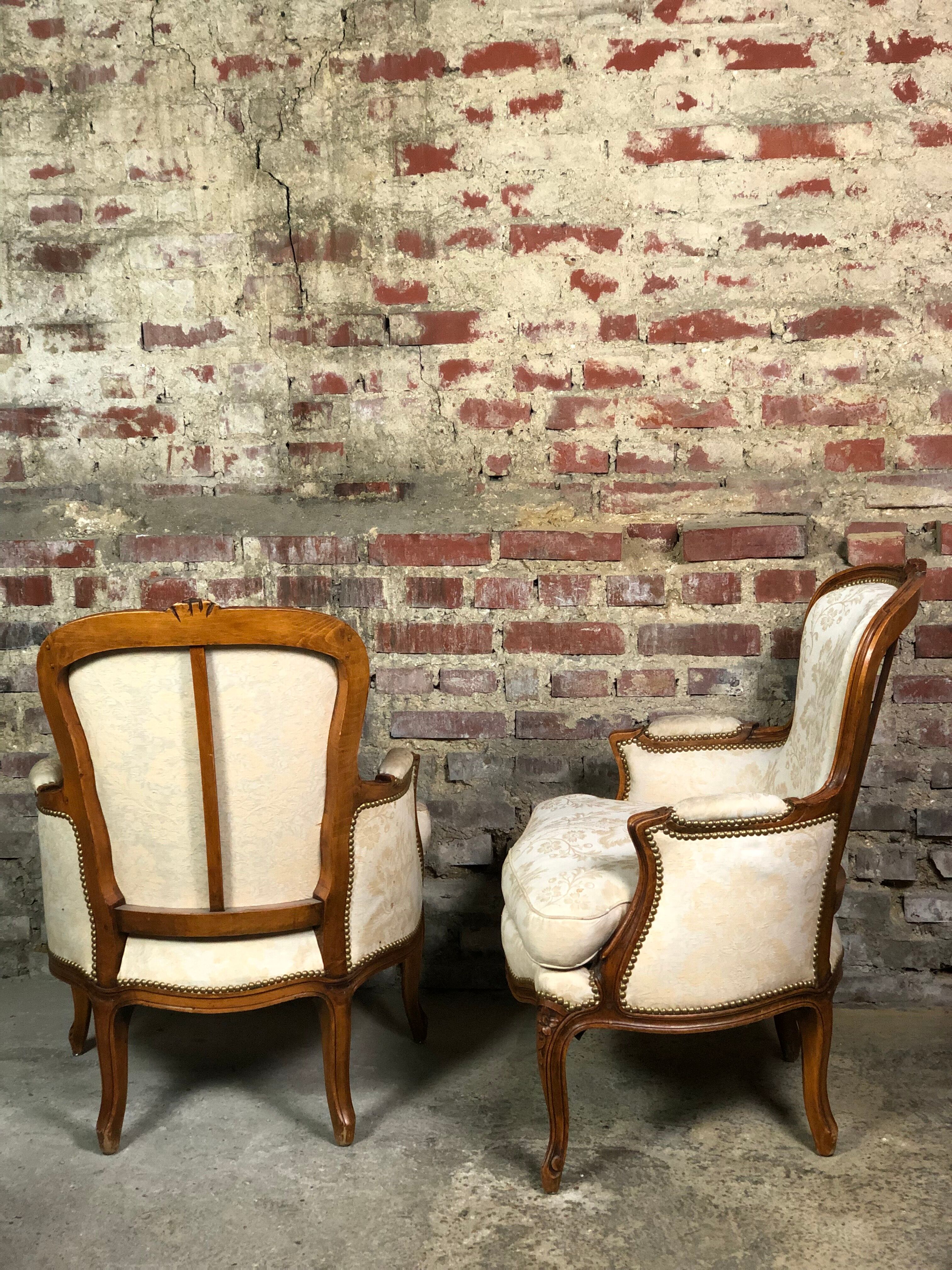 Armchairs Louis XV style carved walnut and fabric