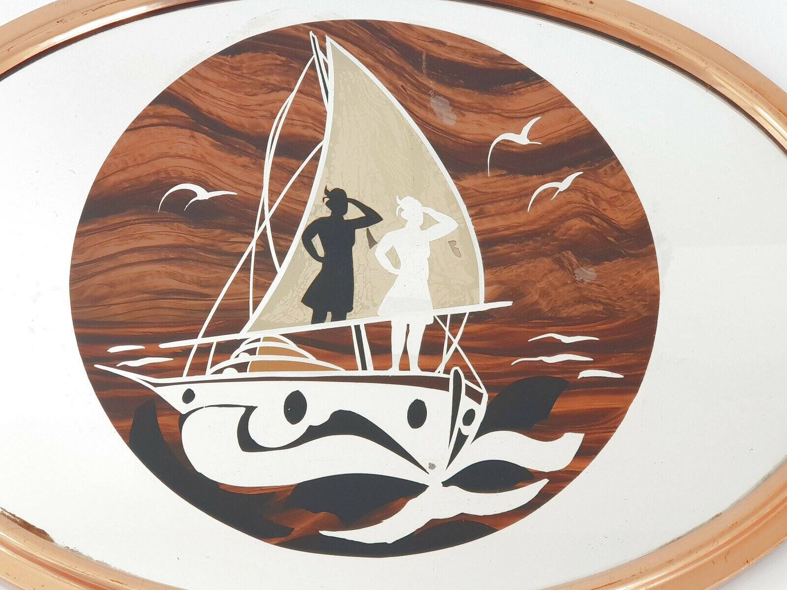 Plateau Art Déco marin français 1920-1930 bois & métal décor bateau