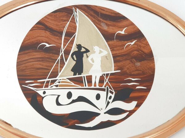 Plateau Art Déco marin français 1920-1930 bois & métal décor bateau