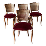 Série de 4 chaises style Louis XV en merisier – cannage et velours bordeaux