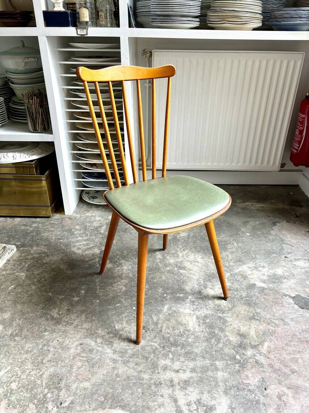Baumann bistro chair in light wood and green skai, “Menuet” model