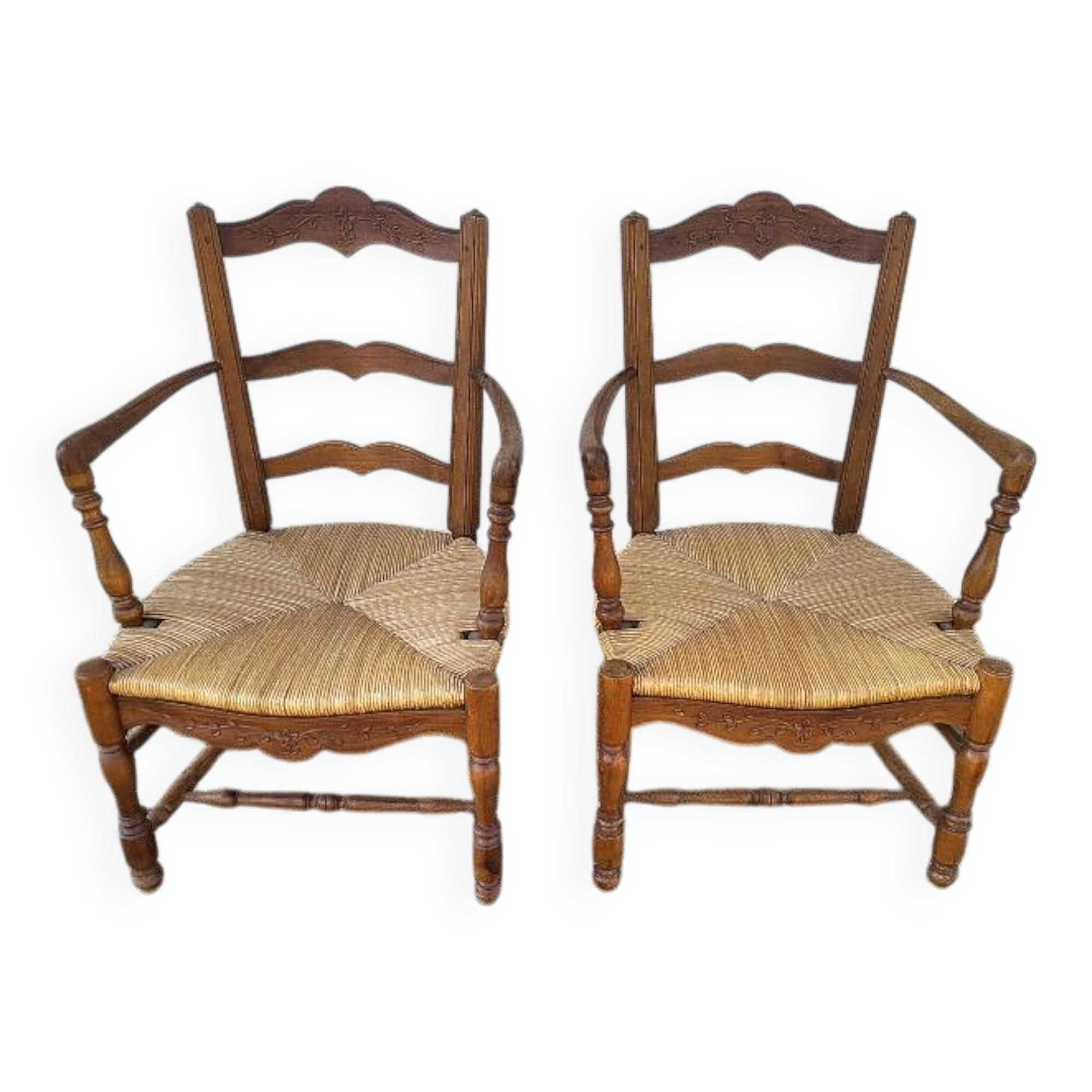 Pair of provencal straw armchairs in walnut