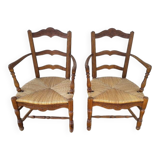 Pair of provencal straw armchairs in walnut