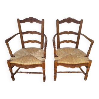 Pair of provencal straw armchairs in walnut
