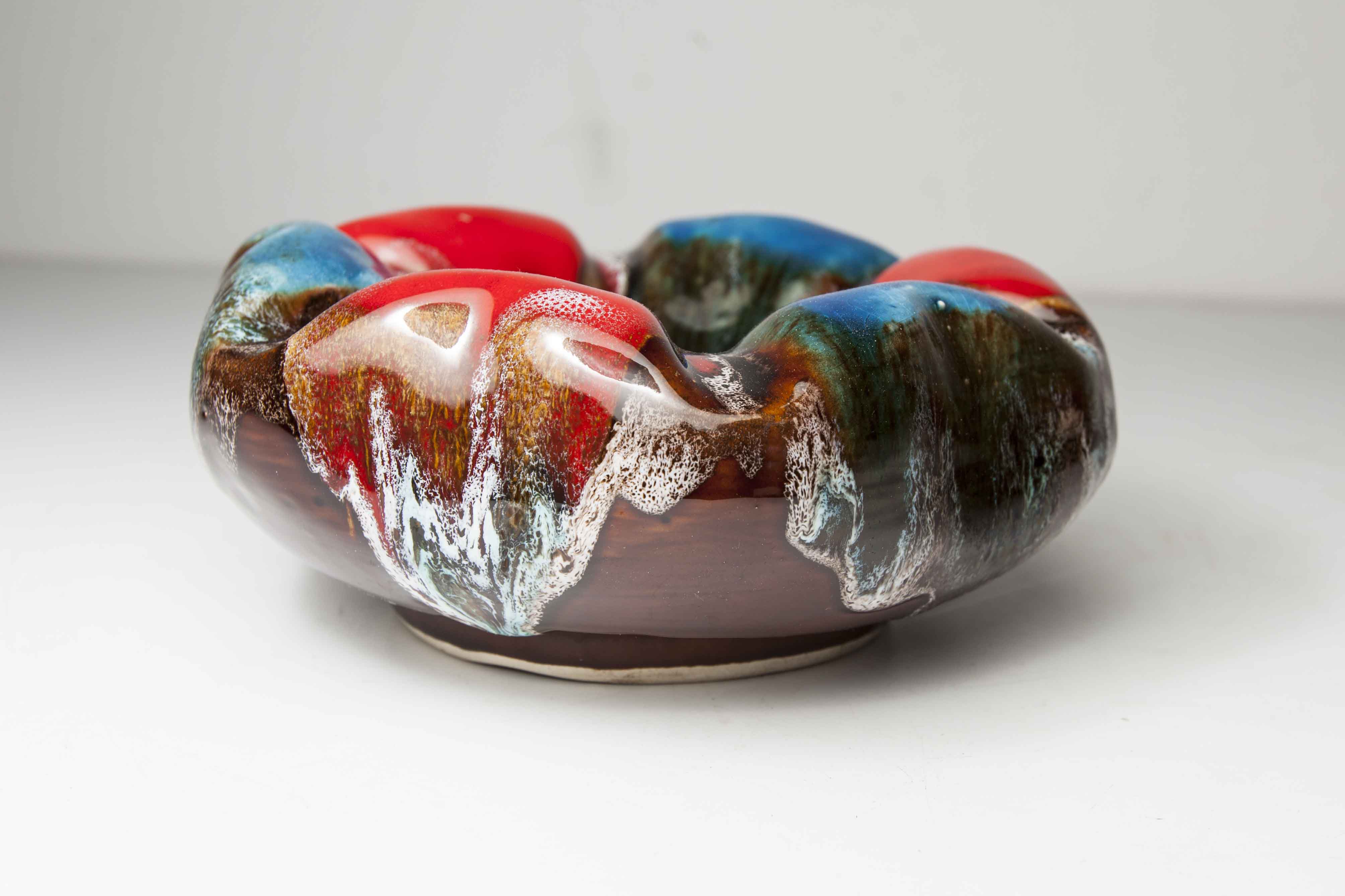 Colorful ceramic hexagonal ashtray in 1960s