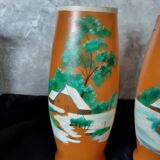 Ancien : paires de vase en verre pâte de verre orange peint