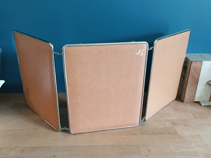 Miroir barbier triptyque entourage métal chromé patiné