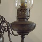 French Vintage Pewter 4 Light Flemish Chandelier Hand Blown Lantern Shades 5104