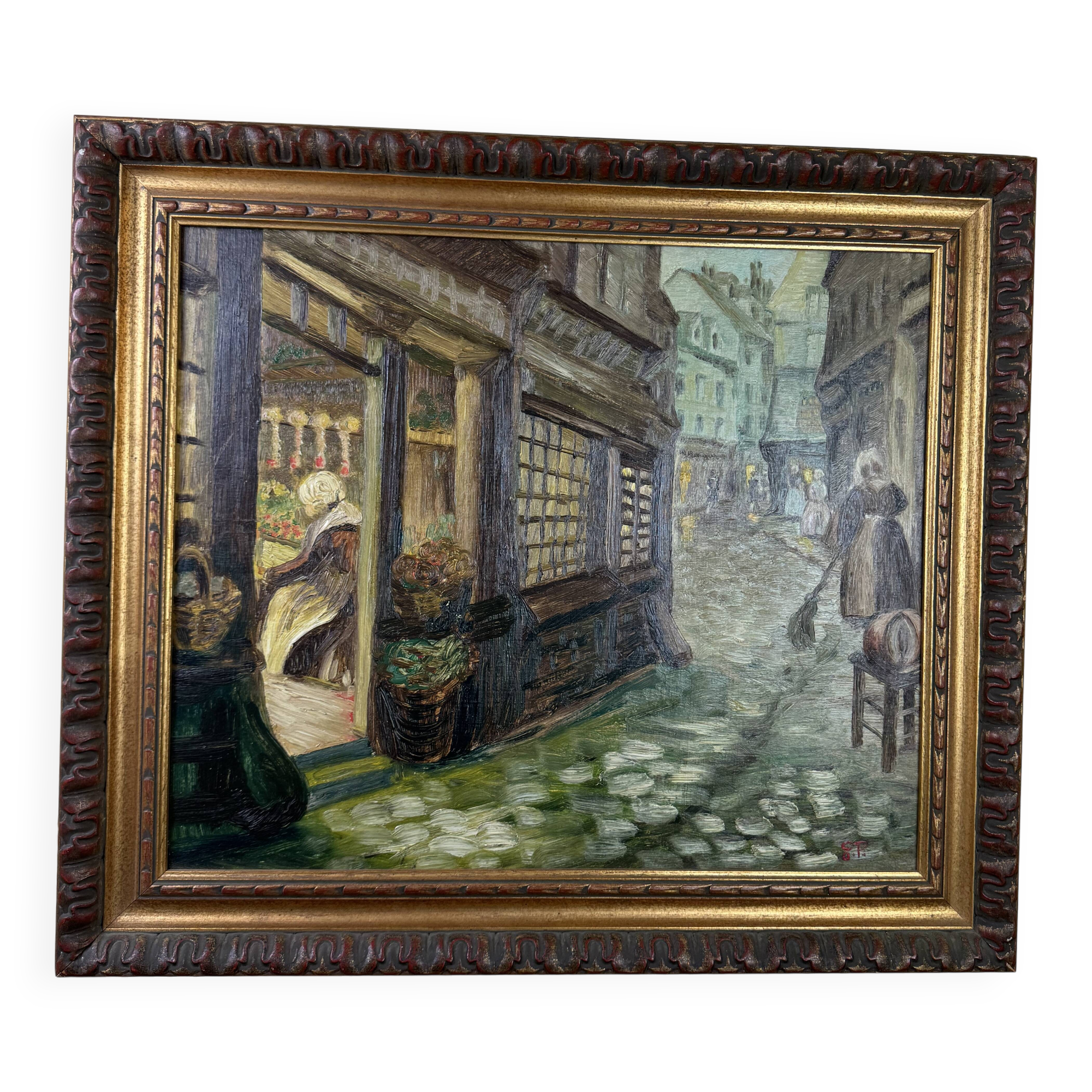 French School, early 20th century: oil on panel, lively street in Brittany