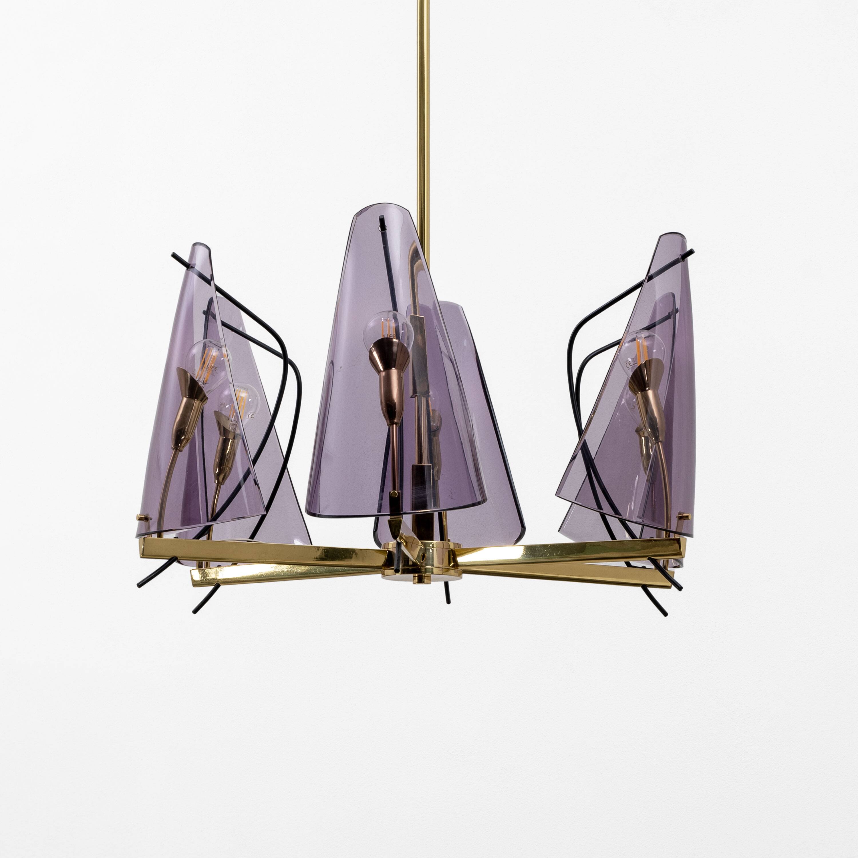 Italian Mid-Century Stilux Milano Chandelier in Brass and Purple Plexiglass