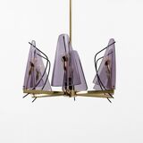 Italian Mid-Century Stilux Milano Chandelier in Brass and Purple Plexiglass