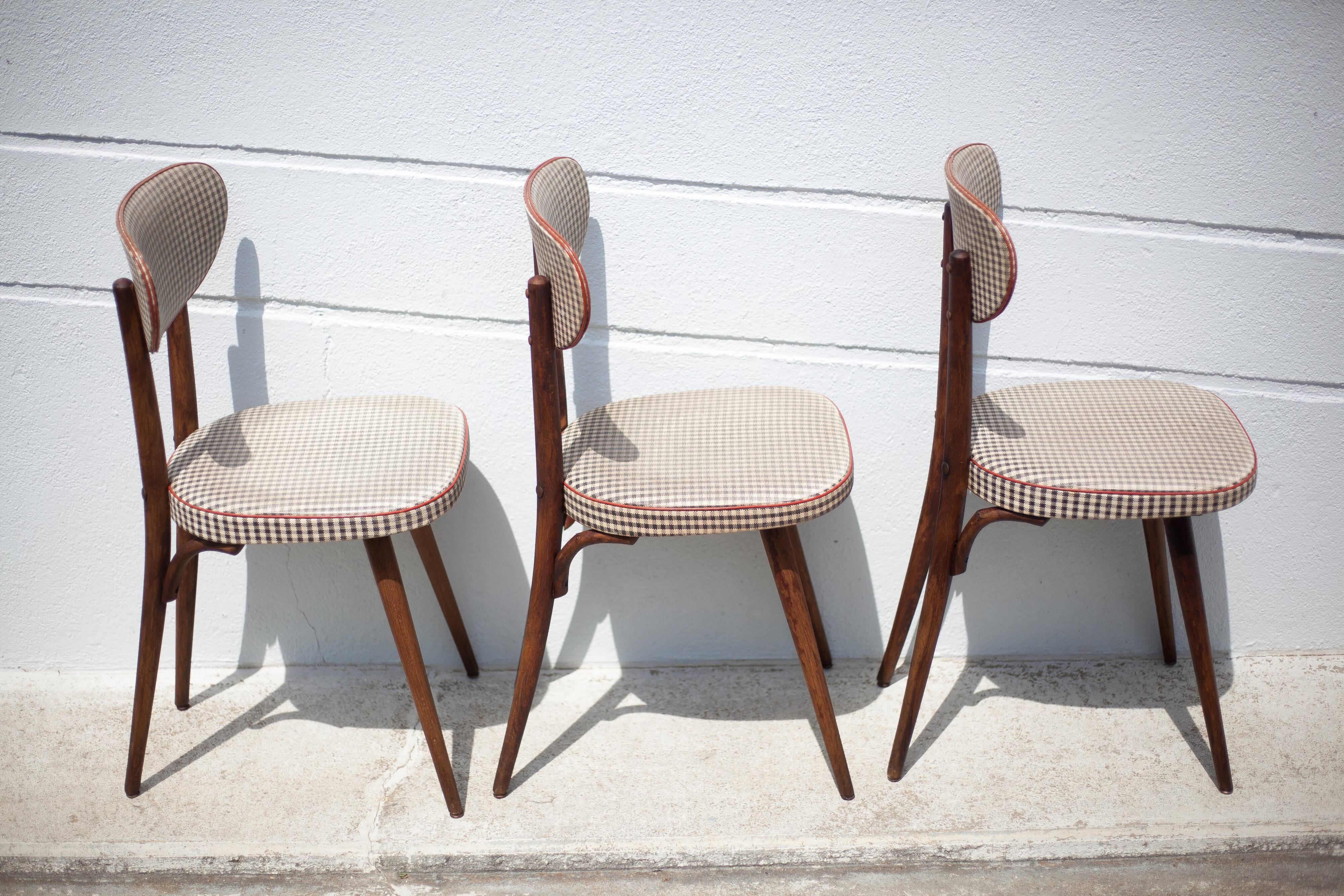 Set of 3 Baumann chairs model 732g2, bistro chair, wooden chair and vinyl fabric, kitchen, retro
