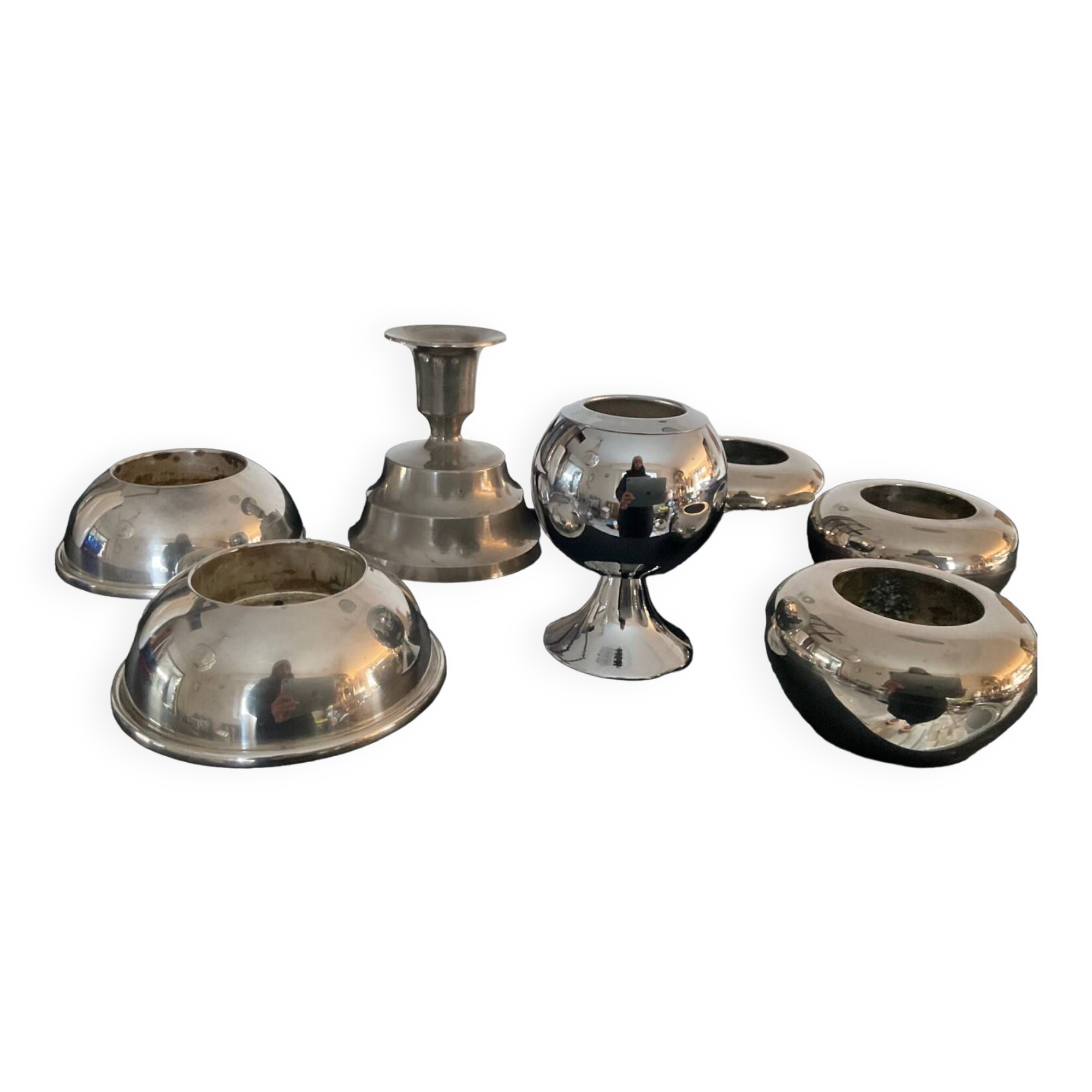 Series of 6 vintage candlesticks in brass and silver metal