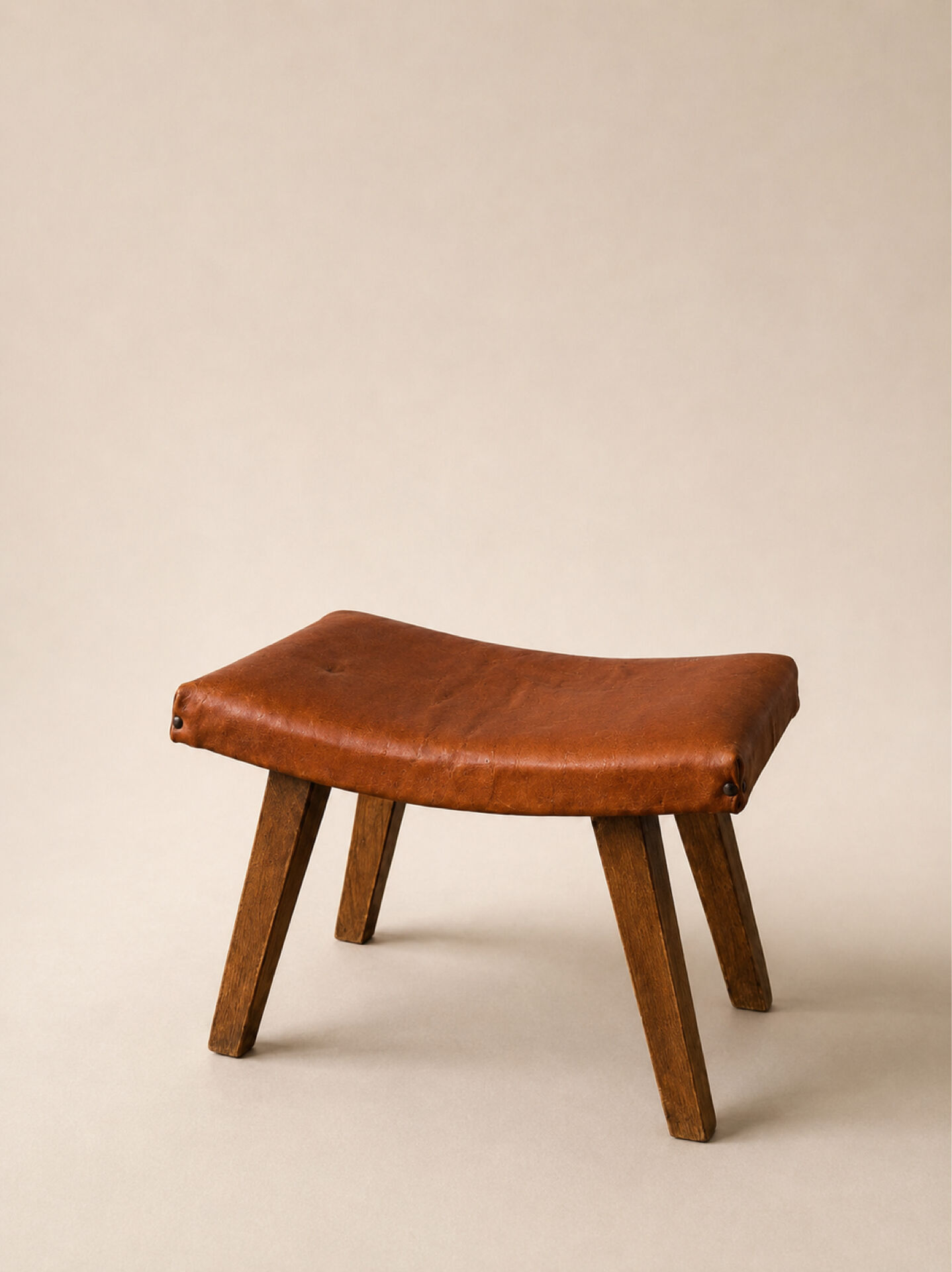 Mid-Century Modern Curved Saddle Leather Footstool Stool Brutalist Ott