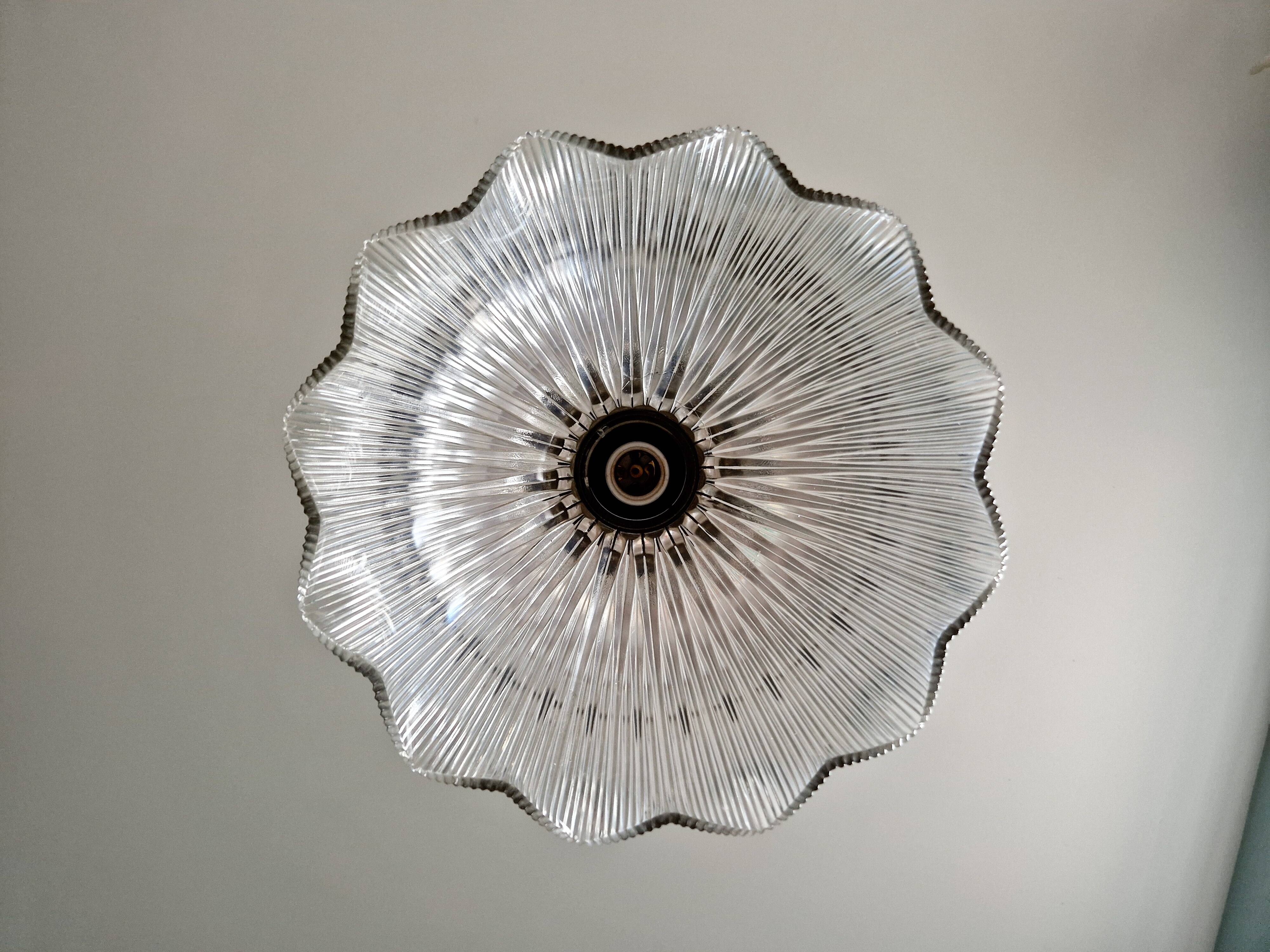 Large Holophane pendant light in transparent grooved glass