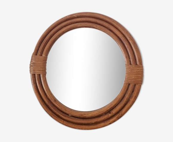 Miroir vintage rotin rond - 1970 - 32cm