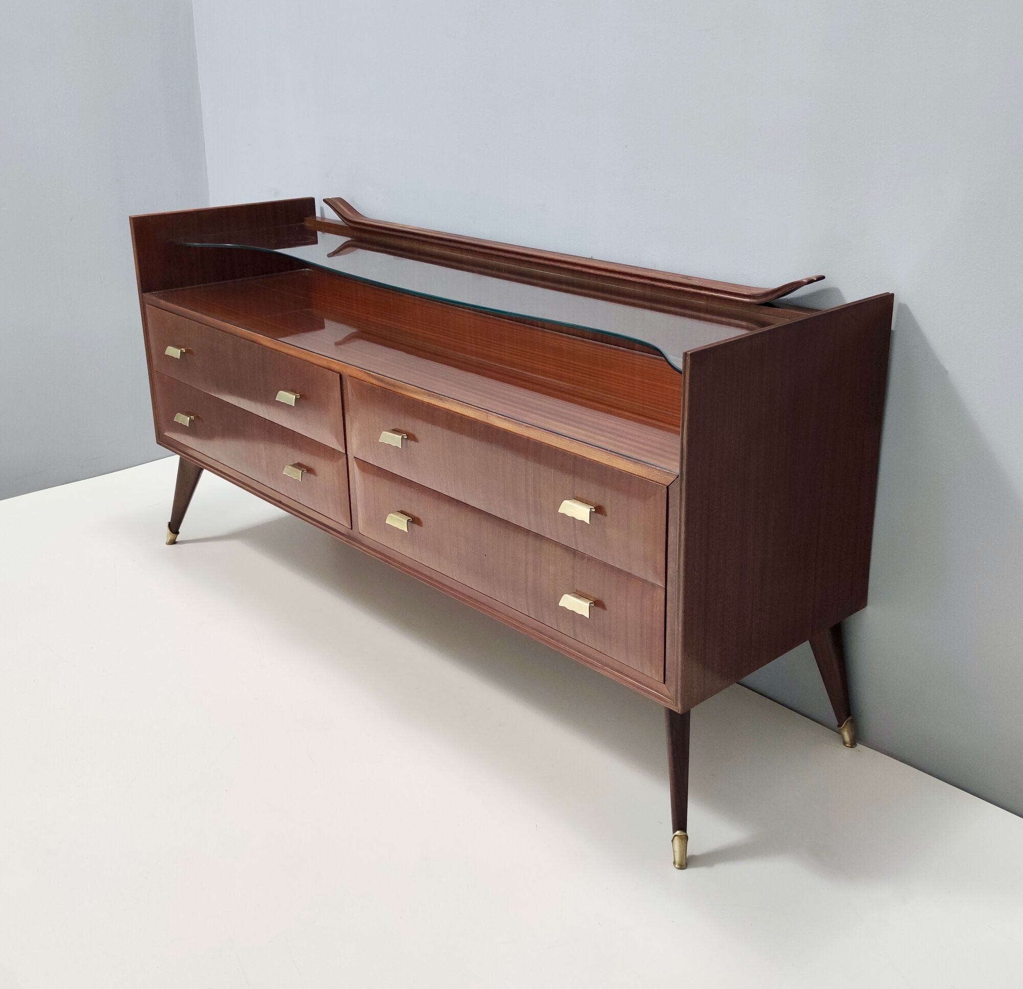 Walnut dresser with a thick glass top, italy