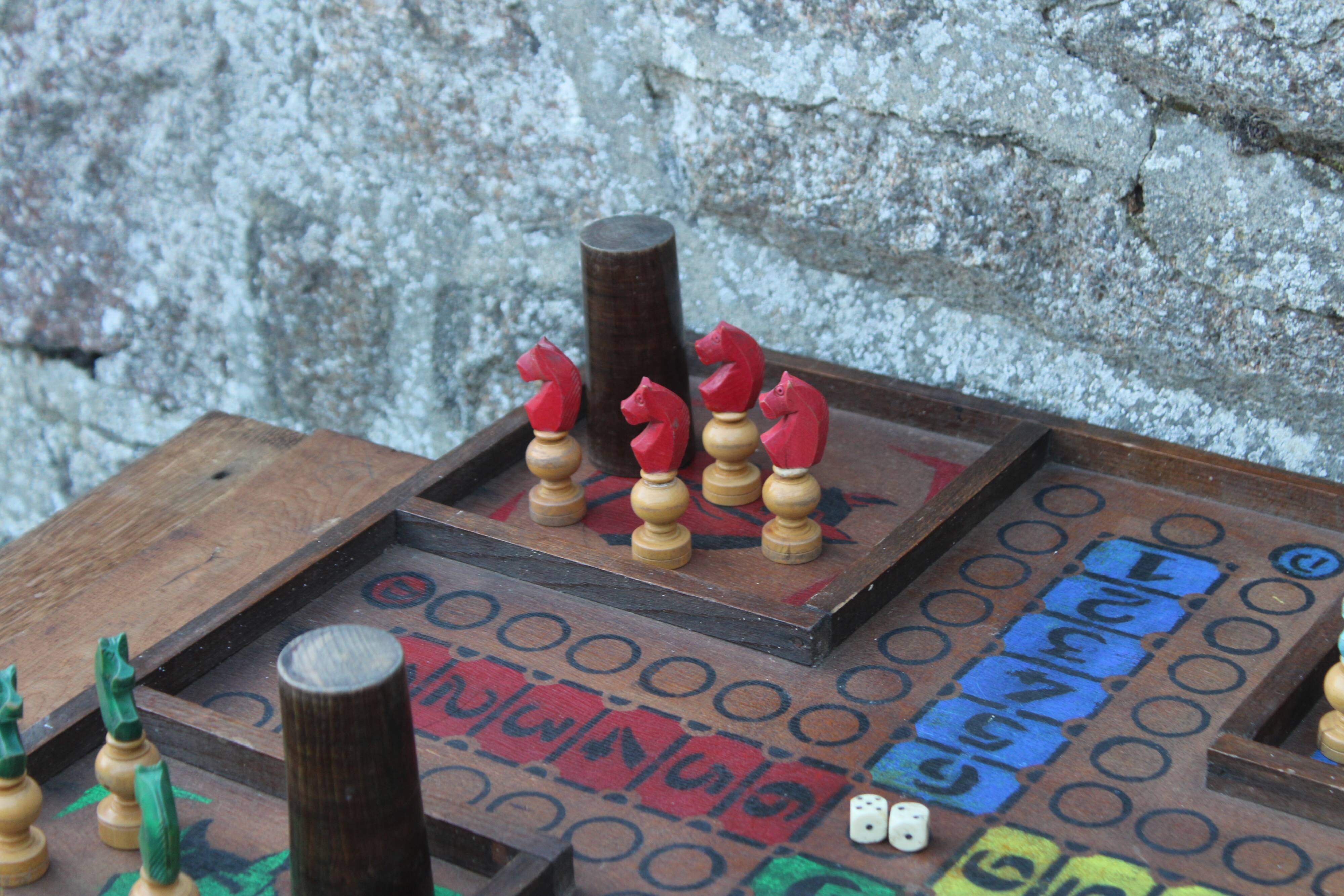 Antique wooden game “Little Horses” – complete with carved horses, goblet