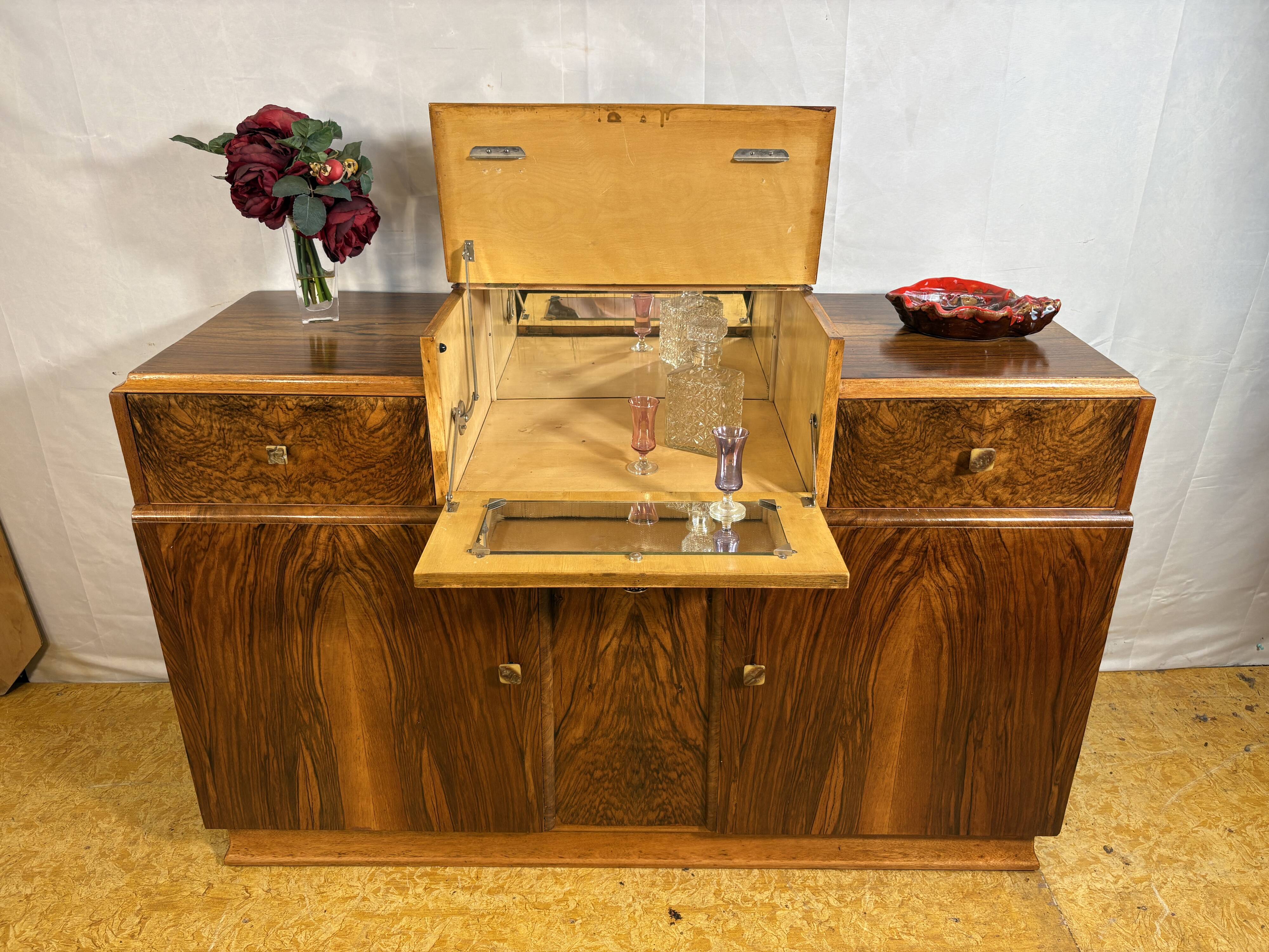 Art Deco English Burr Walnut Cocktail Sideboard – Circa 1930s  A stunning o