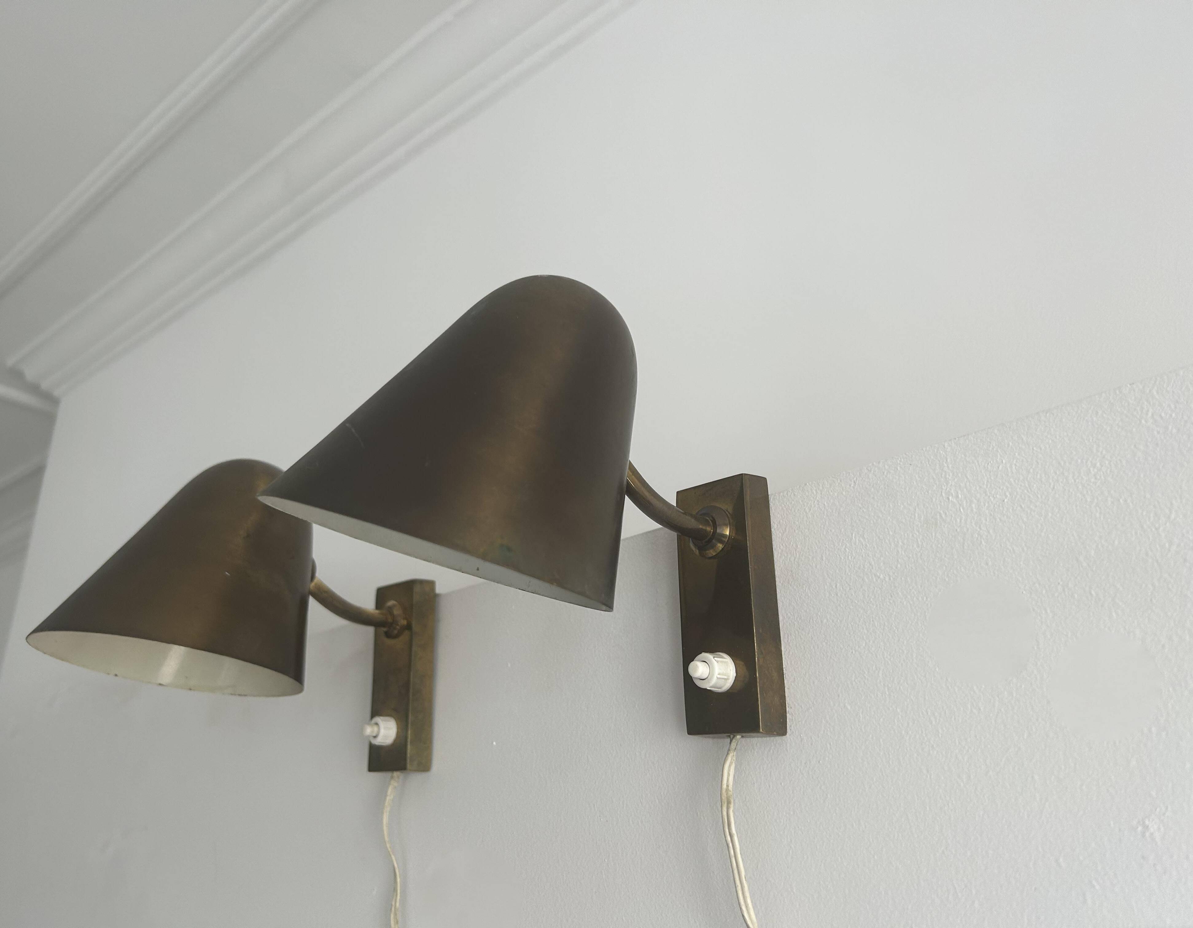Pair of vintage adjustable wall lights, solid brass, France 1940